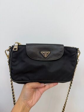 Prada Black Nylon and Leather Crossbody with Gold Chain